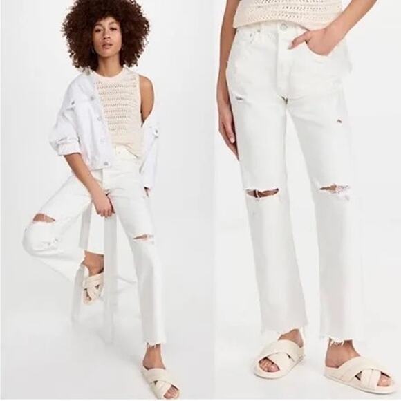 MOUSSY VINTAGE Denim - Moussy Vintage High Rise Straight Leg Distressed Jeans Cream Womens Size 24